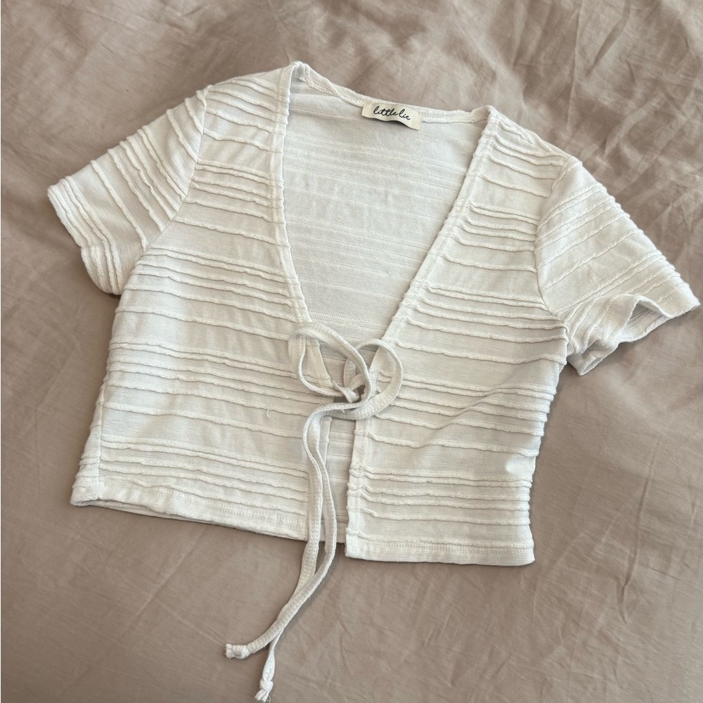White Textured Tie-Front Top